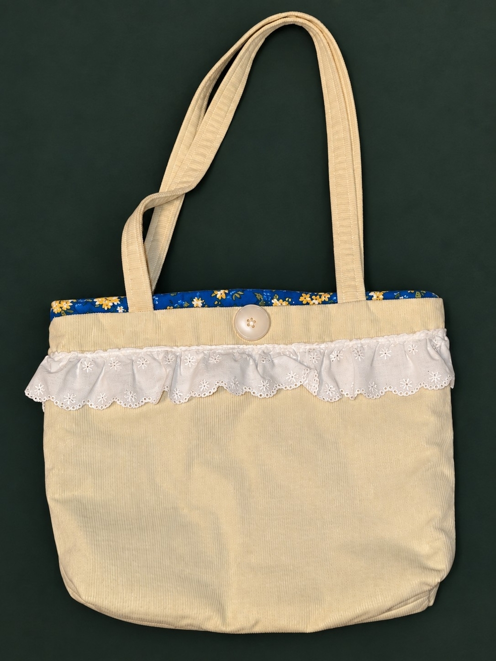 Handmade Yellow Corduroy Cottagecore Tote Bag Floral Eyelet Ruffle